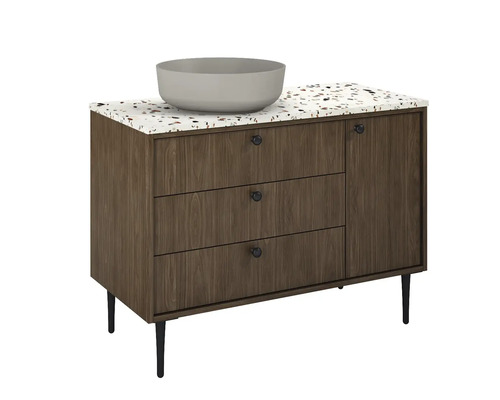 Skrinka pod umývadlo s tromi zásuvkami, jednými dvierkami a umývadlom na dosku