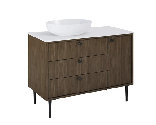 Skrinka pod umývadlo s tromi zásuvkami, jednými dvierkami, umývadlom na dosku a nožičkami