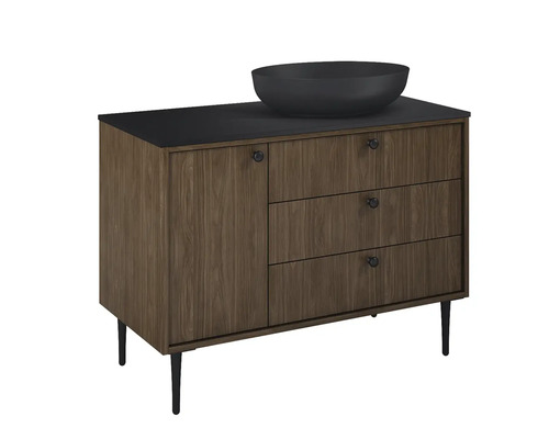 Umyvadlová skrinka s umývadlom a skrinkou so zásuvkami a dvierkami.