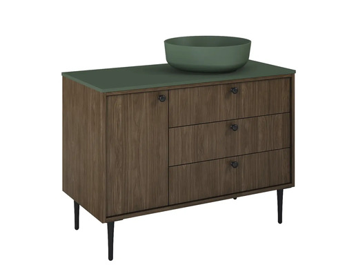 Skrinka pod umývadlo s umývadlom na dosku, vzhľad dreva s tromi zásuvkami a jednými dvierkami