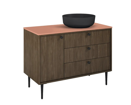 Skrinka pod umývadlo s tromi zásuvkami, jednými dvierkami a umývadlom na dosku