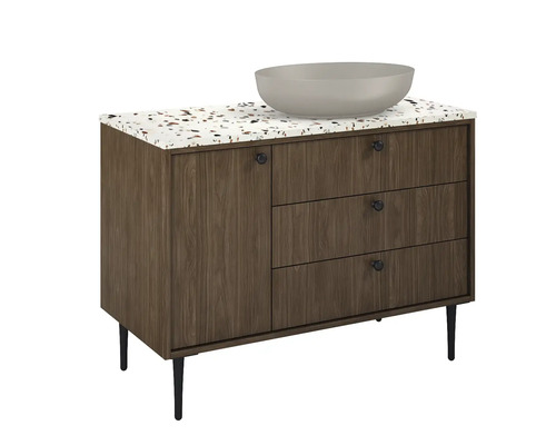 Skrinka pod umývadlo s tromi zásuvkami, jednými dvierkami, umývadlom na dosku a nožičkami