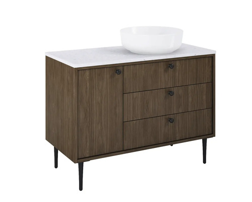 Skrinka pod umývadlo s umývadlom na dosku, jednými dvierkami a tromi zásuvkami