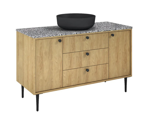 Skrinka pod umývadlo s umývadlom na dosku, tromi zásuvkami a jednými dvierkami