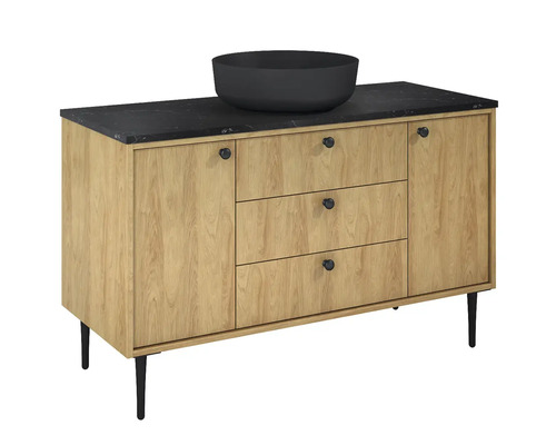 Skrinka pod umývadlo s čiernym umývadlom na dosku a zásuvkami