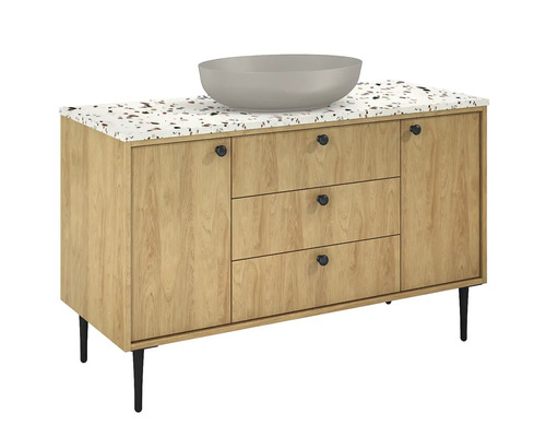 Skrinka pod umývadlo s umývadlom, jednými dvierkami a tromi zásuvkami