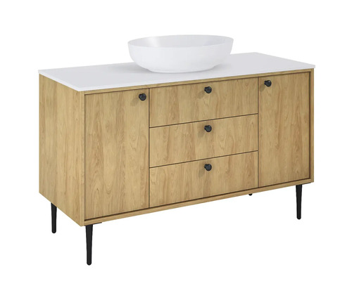 Skrinka pod umývadlo s umývadlom, tromi zásuvkami, dvoma dvierkami a nožičkami