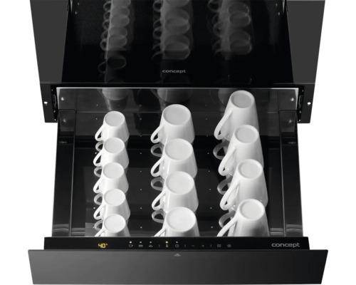 Otvorený ohrievač šálok s niekoľkými bielymi šálkami