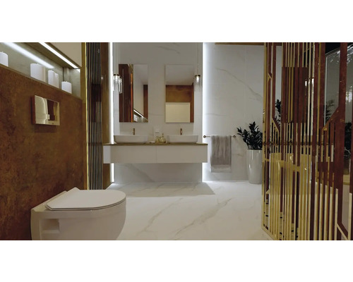 Moderná kúpeľňa s nástenným WC, umývadlom a zrkadlami