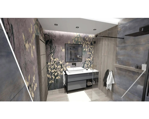 Moderná kúpeľňa s umývadlovou skrinkou, zrkadlom a sprchou