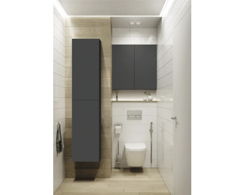 Moderná kúpeľňa s toaletou, umývadlom a sivým kúpeľňovým nábytkom