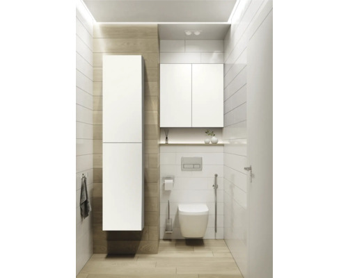 Kúpeľňa so závesným WC, splachovacou nádržkou a bielym kúpeľňovým nábytkom