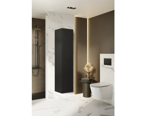 Moderná kúpeľňa s čiernou vysokou skriňou, sprchou a toaletou