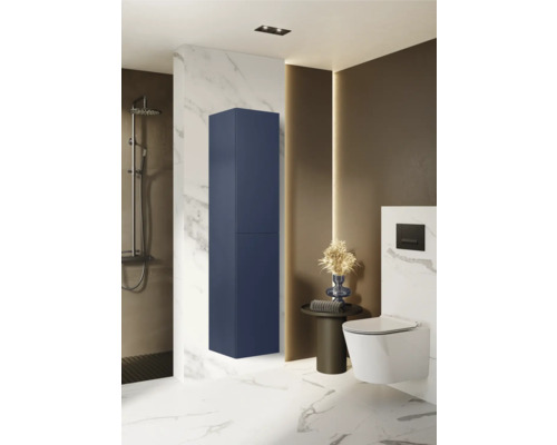 Moderná kúpeľňa s modrou vysokou skriňou, toaletou a sprchou