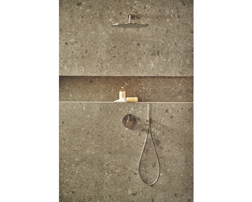 Kúpeľňová sprcha s hlavovou sprchou, ručnou sprchou a odkladacou policou