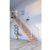 Drevené schodisko s nerezovým zábradlím vo svetlej miestnosti