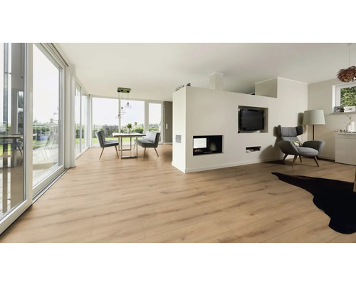 Svetlá obývacia izba s jedálenským stolom, kreslami, televízorom a drevenou podlahou