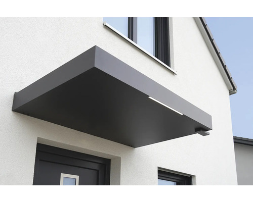 Vchodová strieška Gutta BS Plus 160 RAL 7016 antracit 160x90 cm vrátane chrliča vody vpravo Sivá strieška nad vchodové dvere s osvetlením na stene domu