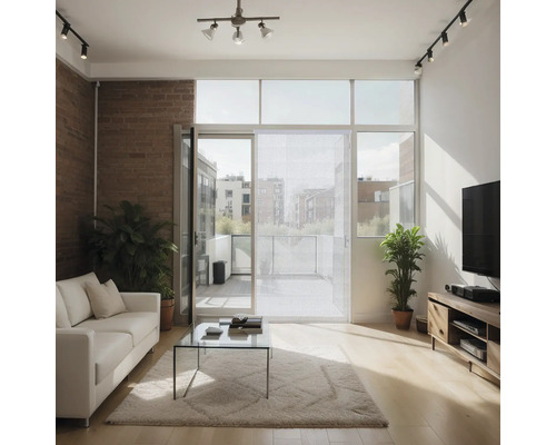 Obývacia izba s pohovkou, stolom a balkónom