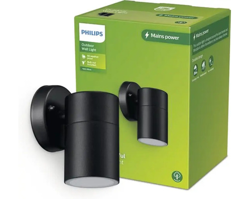 Vonkajšie nástenné svietidlo Philips v čiernej farbe s obalom produktu