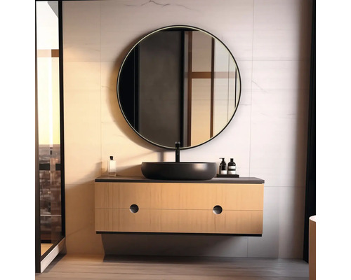 Kúpeľňa s umývadlovou skrinkou, okrúhlym zrkadlom a umývadlom