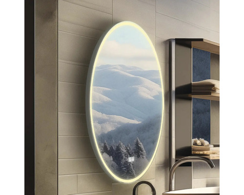 Oválne zrkadlo s integrovaným osvetlením a horským motívom do kúpeľne.