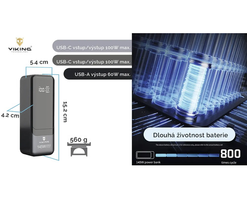 Powerbanka Viking s portami USB-C a USB-A, výkon 145 W