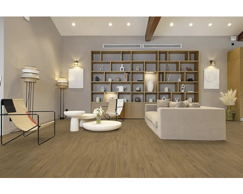 Svetlá obývacia izba s drevenou podlahou, knižnicou, gaučom a kreslami