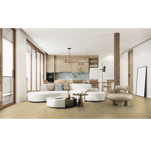 Svetlá obývacia izba s pohovkou, konferenčným stolíkom, stoličkou a kuchynským kútom.