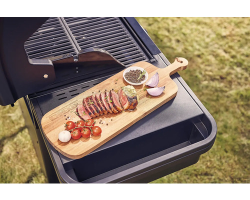 Gril s drevenou doskou, grilovaným mäsom, paradajkami, cesnakom, cibuľou a korením