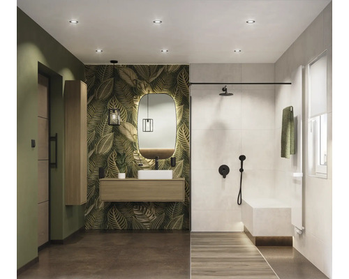 Kúpeľňa so sprchou, umývadlom, zrkadlom a tapetou so vzorom listov