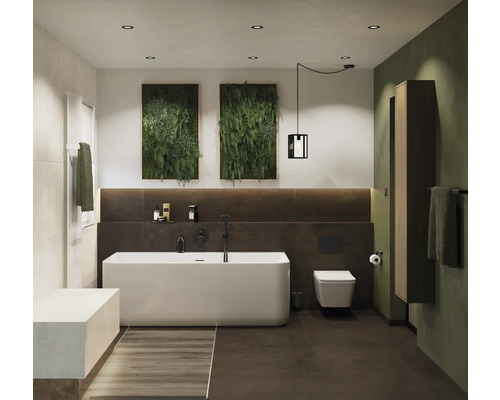 Kúpeľňa s vaňou, toaletou, umývadlom a nástennou dekoráciou s rastlinami