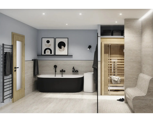 Moderná kúpeľňa s voľne stojacou vaňou, saunou a rebríkovým radiátorom na uteráky.