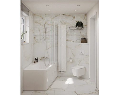 Svetlá kúpeľňa s vaňou, sprchovou zástenou, radiátorom, toaletou a mramorovými obkladmi
