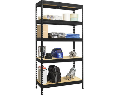 Čierny regál pre veľké zaťaženie s piatimi policami na uloženie rôznych predmetov