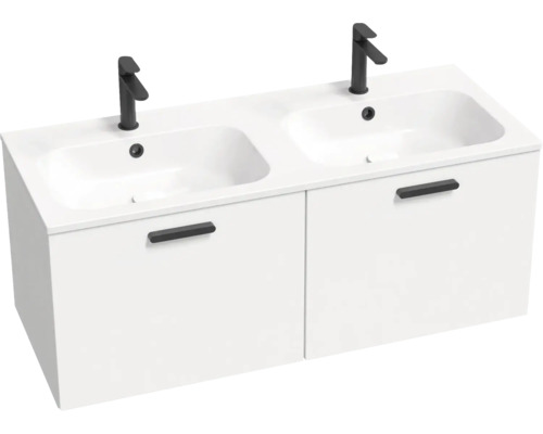 Skrinka pod umývadlo s dvoma umývadlami a dvoma batériami