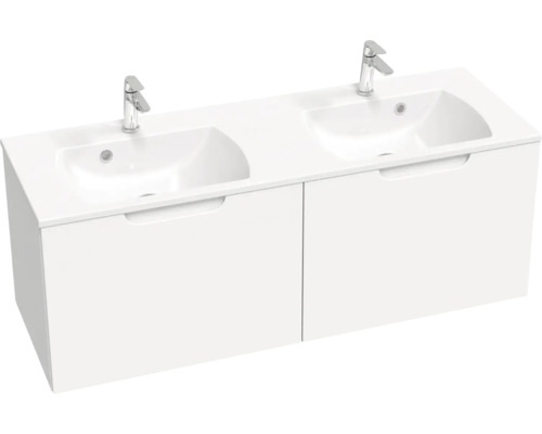 Skrinka pod umývadlo s dvoma umývadlami a vodovodnými batériami