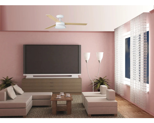 Obývacia izba so stropným ventilátorom, pohovkou, stolom, televízorom a oknami