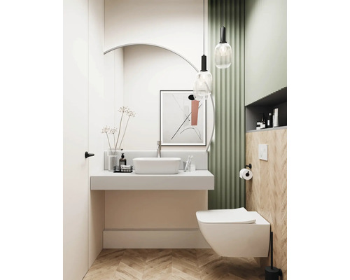 Svetlá kúpeľňa s umývadlom, toaletou a dekoratívnymi prvkami