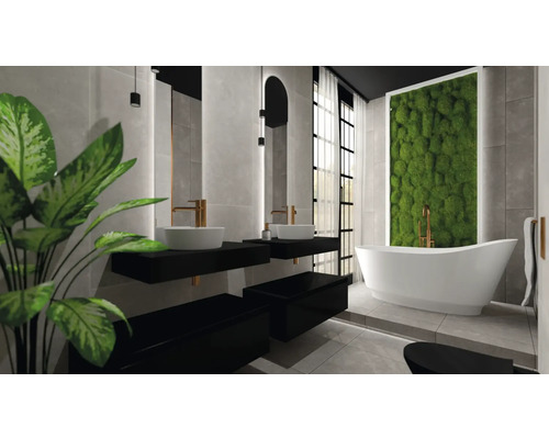 Svetlá kúpeľňa s dvojitým umývadlom, voľne stojacou vaňou a machovou stenou