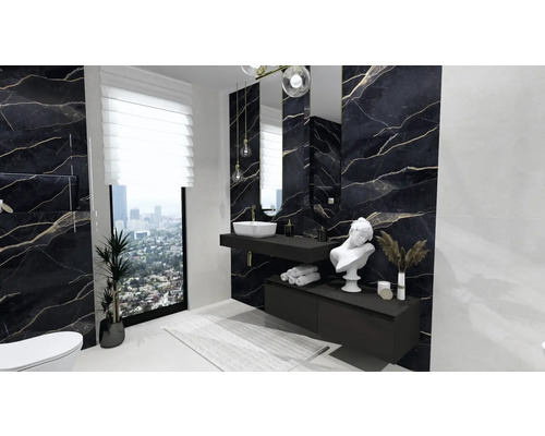 Kúpeľňa s čiernym mramorom, skrinka s umývadlom na dosku, zrkadlo a okno