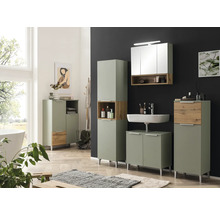 Moderná kúpeľňová súprava s umývadlom, zrkadlovou skrinkou a kúpeľňovými skrinkami vo svetlom prevedení