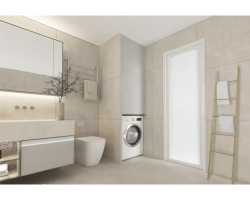 Moderná kúpeľňa s umývadlom, toaletou, práčkou a držiakom na uteráky