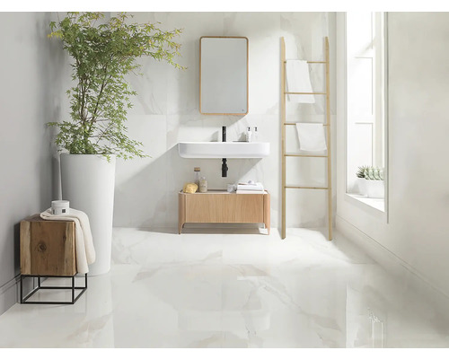 Svetlá kúpeľňa s umývadlom, zrkadlom, rebríkom na uteráky a rastlinou