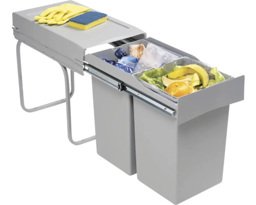 Výsuvný odpadkový kôš s dvoma nádobami a vekom, vrátane čistiacich prostriedkov