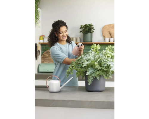 Žena zalieva izbovú rastlinu rozprašovačom vedľa kanvy na zalievanie