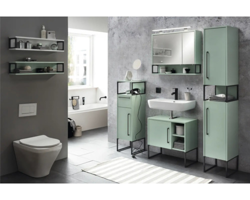 Kúpeľňa s toaletou, umývadlom, zrkadlovou skrinkou a kúpeľňovými skrinkami v modernom dizajne