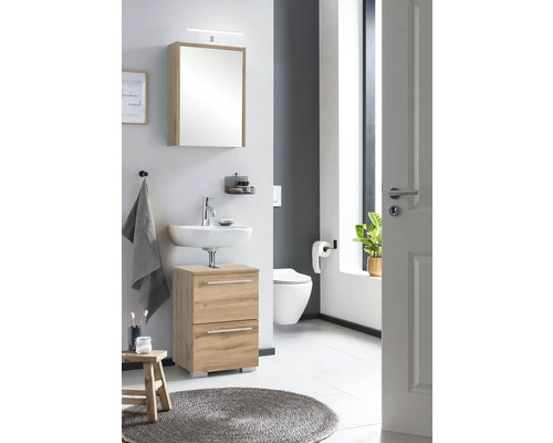 Moderná kúpeľňa s umývadlom, zrkadlovou skrinkou, toaletou a dekoráciou