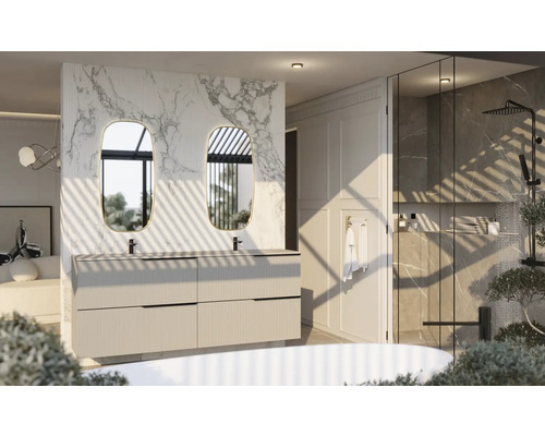 Kúpeľňa s dvojitým umývadlom, oválnymi zrkadlami a sprchovacím kútom