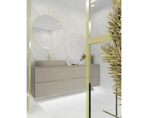 Svetlá kúpeľňa s umývadlovou skrinkou, okrúhlymi zrkadlami a rastlinami